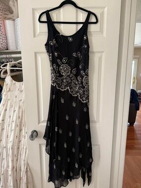 Black Floral Fairy Hem Beaded & Sequin Midi Dress